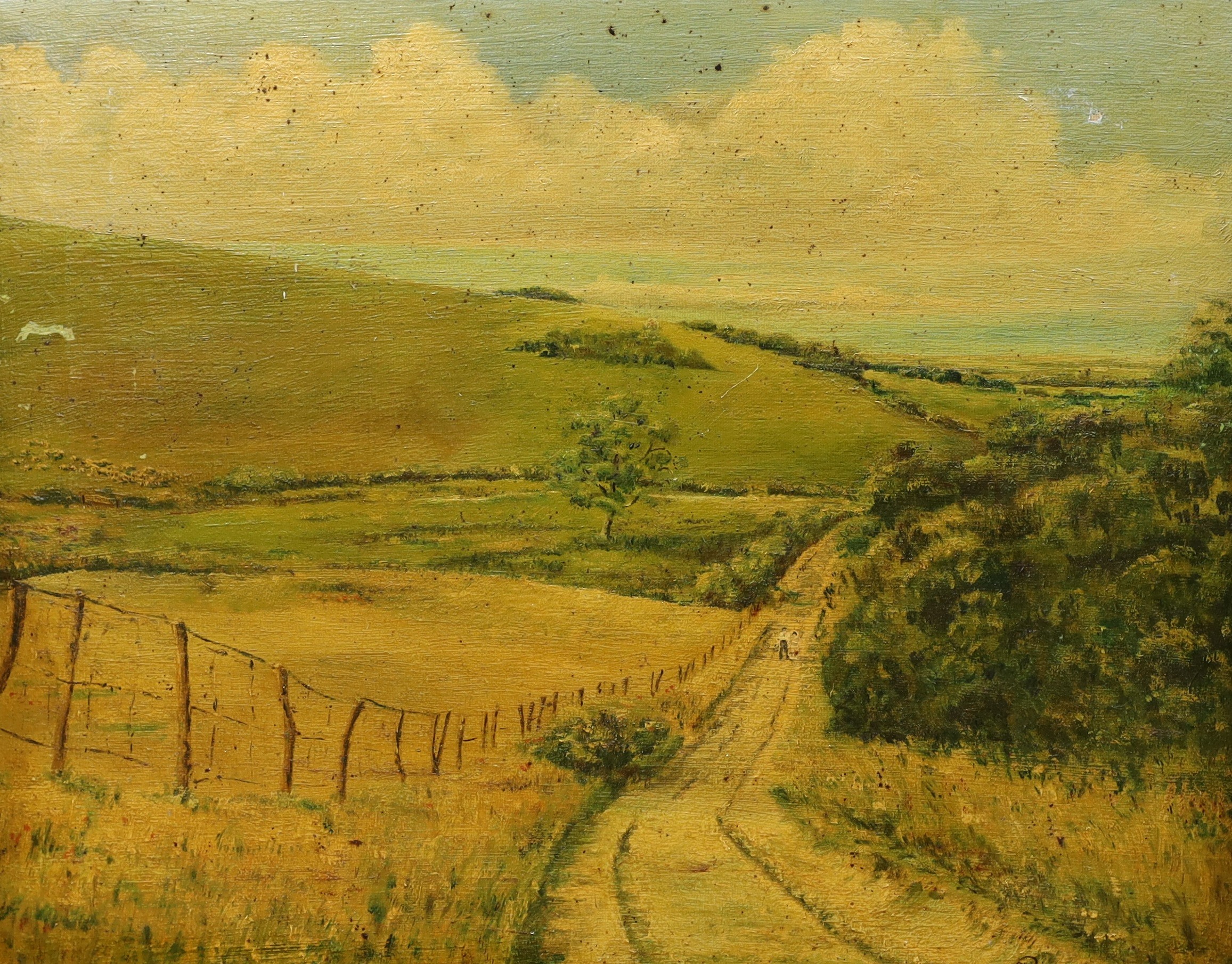 W.R.H Paul, two oils on canvas, Eastbourne, 'The Piggery Green Street Farm' and 'Path to Jevington', signed and dated c.1950, largest 34 x 42cm